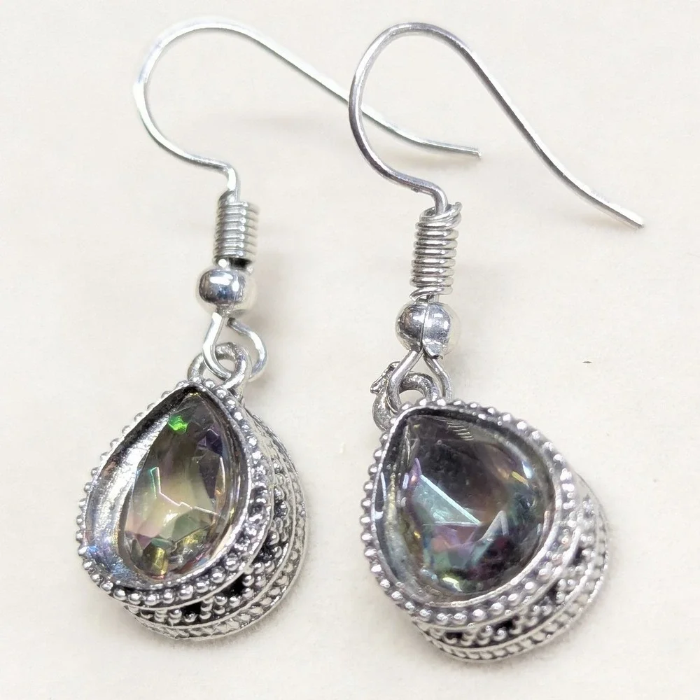 Teardrop Dangle Earrings Silver Tone Iridescent Boho Filigree Tear Drop Mystical